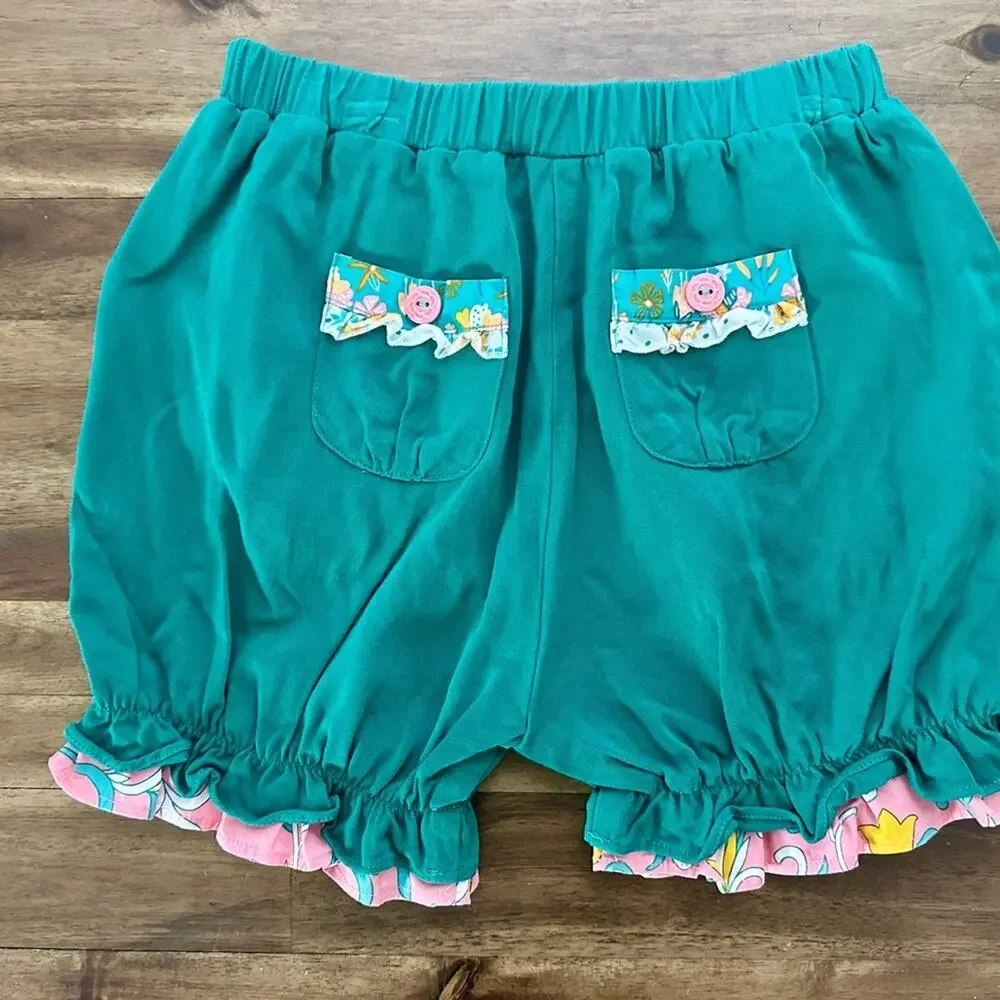 Wildflowers Daydream Believer Grass Roots Shorts Green Pink Floral Ruffle Lace